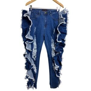 Purple Candy Women's Blue Denim Ripped Ruffle Jeans Size Medium Distressed B17